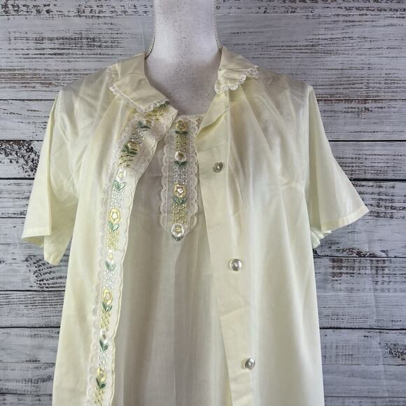 Vintage Katz 2pc Nightgown House Coat Robe Set sz Small Yellow Floral Embroidery - Picture 3 of 16